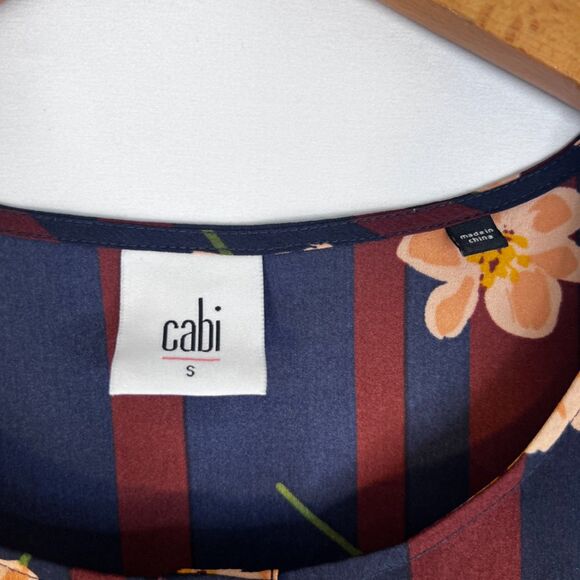 Cabi Navy Blue Burgundy Striped Floral Print Sleeveless Polyester Blouse Small - Picture 5 of 8